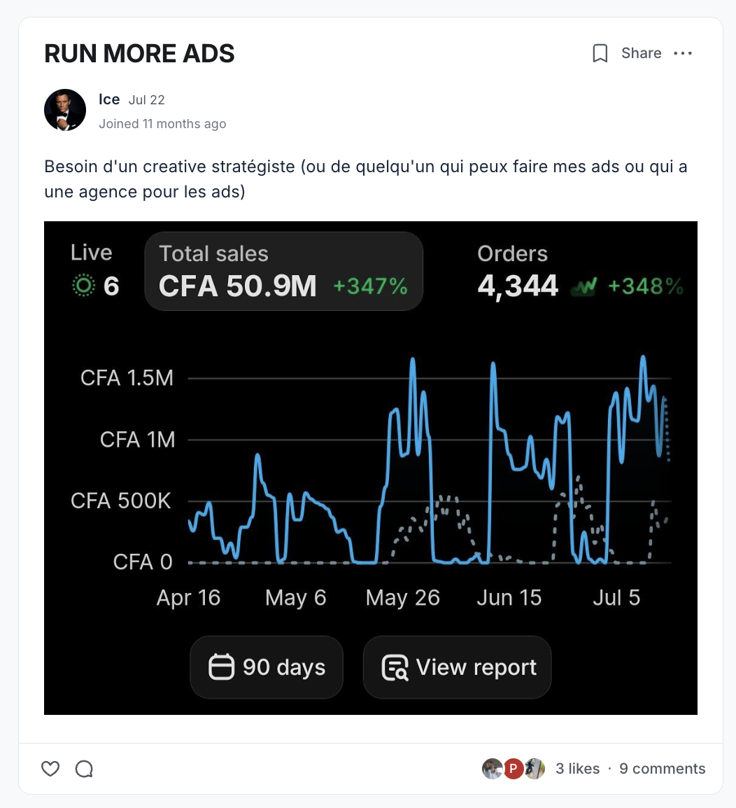 Résultat partagé par un membre du programme EcomLiberty (capture 1)