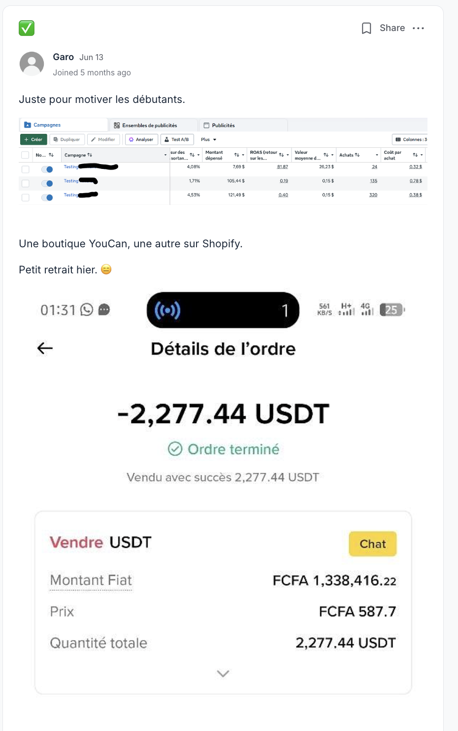 Résultat partagé par un membre du programme EcomLiberty (capture 4)