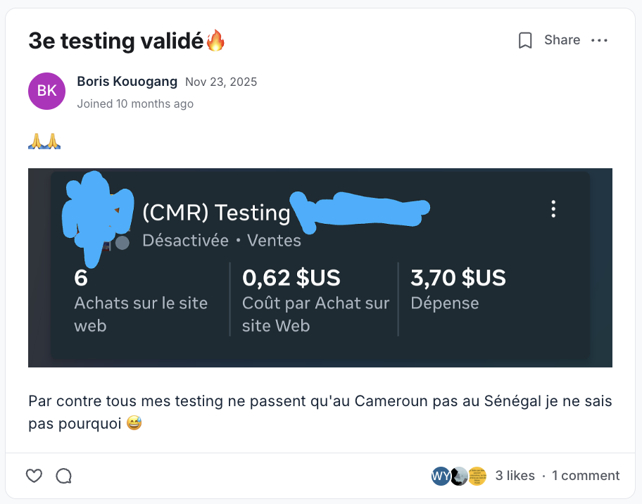 Résultat partagé par un membre du programme EcomLiberty (capture 15)