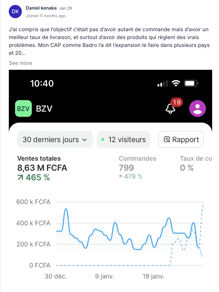Résultat partagé par un membre du programme EcomLiberty (capture 14)