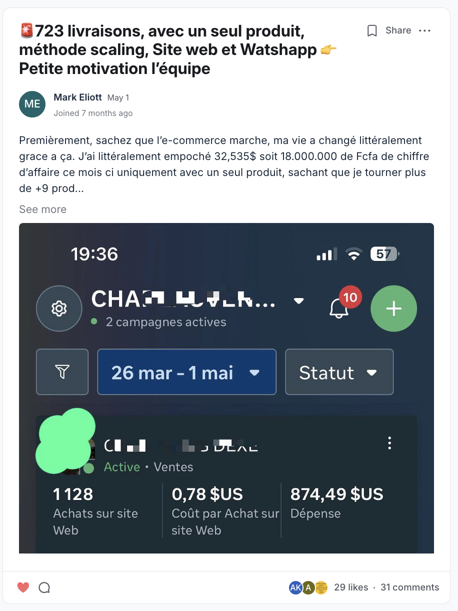 Résultat partagé par un membre du programme EcomLiberty (capture 5)