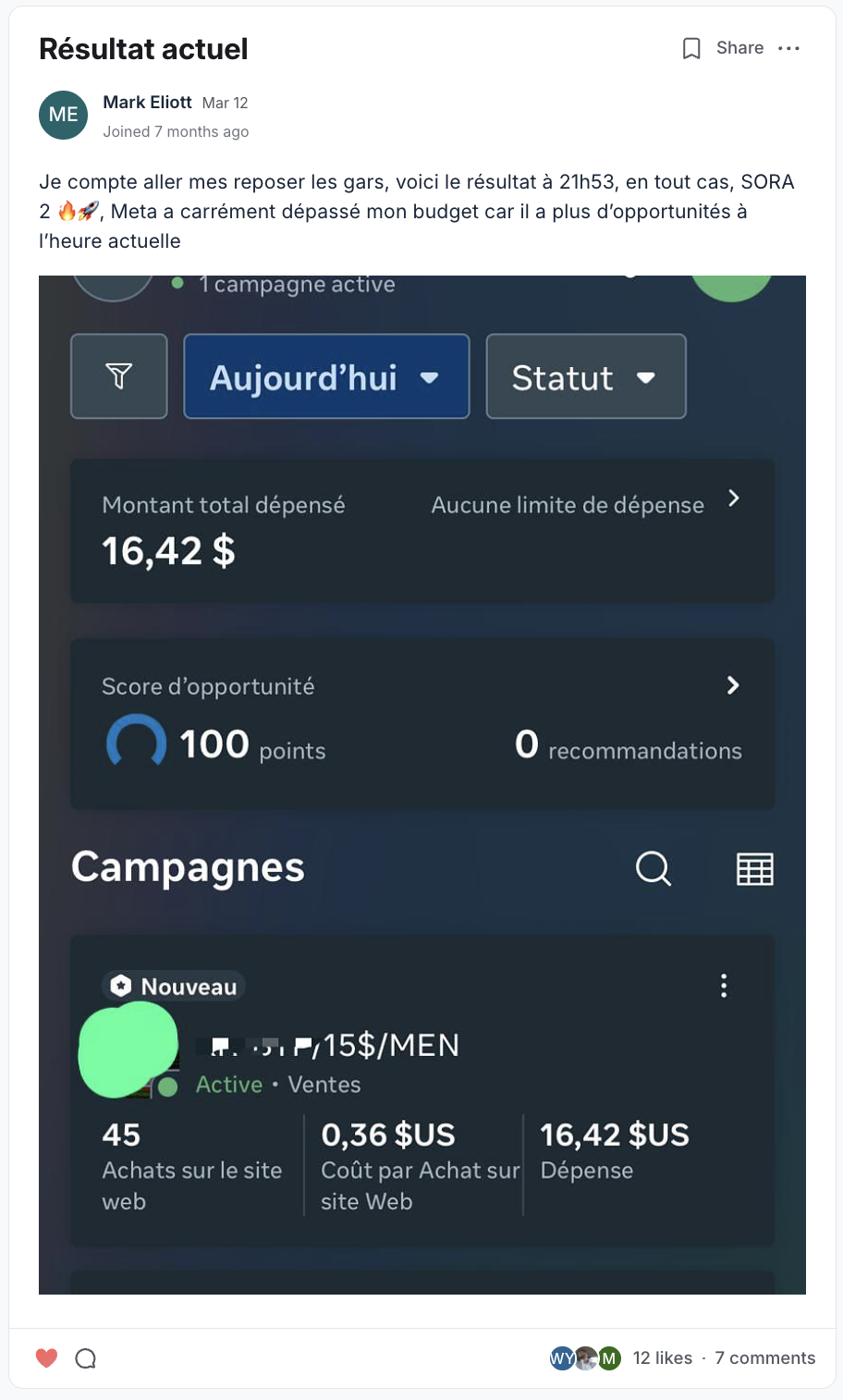 Résultat partagé par un membre du programme EcomLiberty (capture 13)